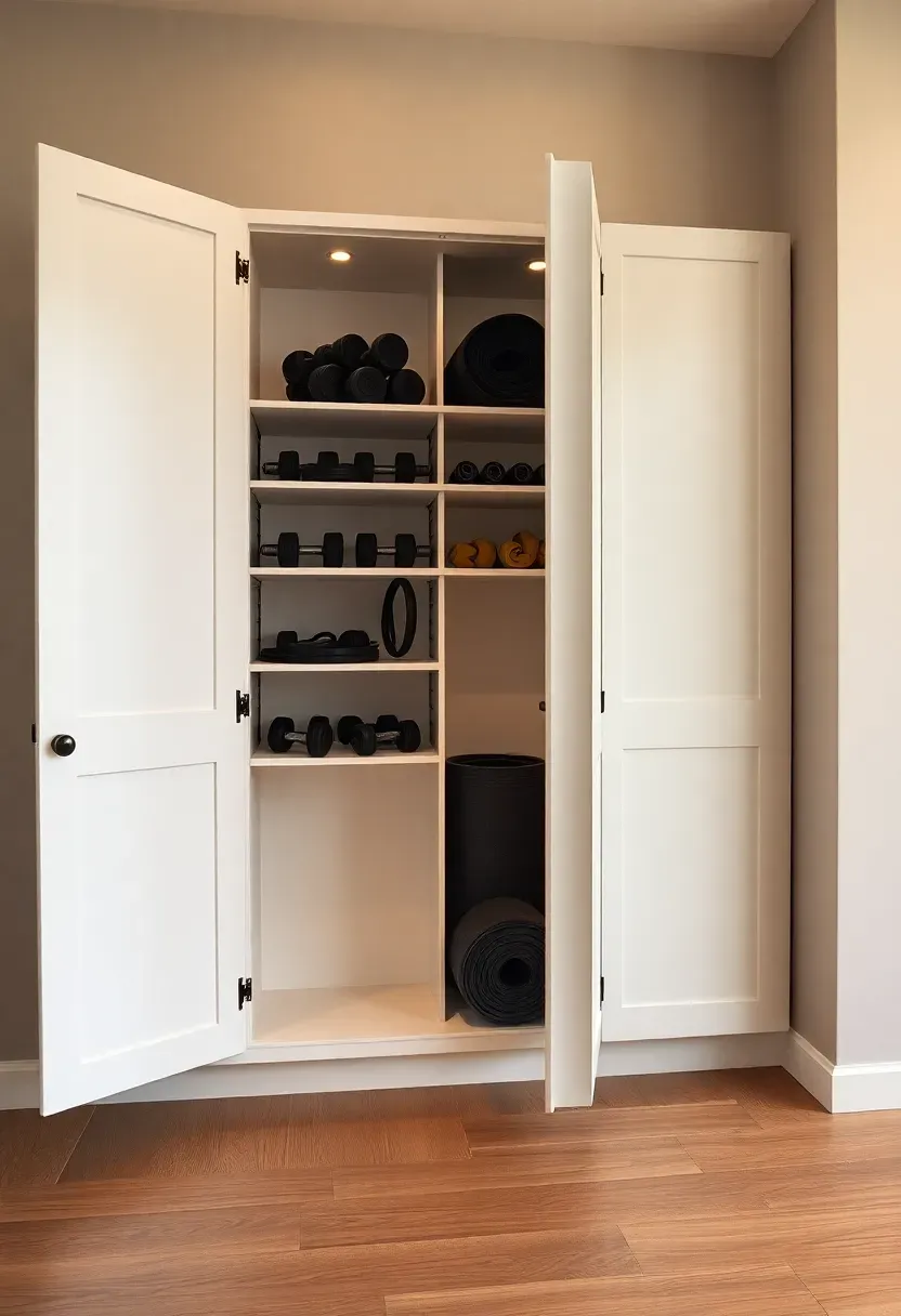 Built-in floor-to-ceiling gym cabinet with closed doors concealing all workout equipment in a multi-purpose home room