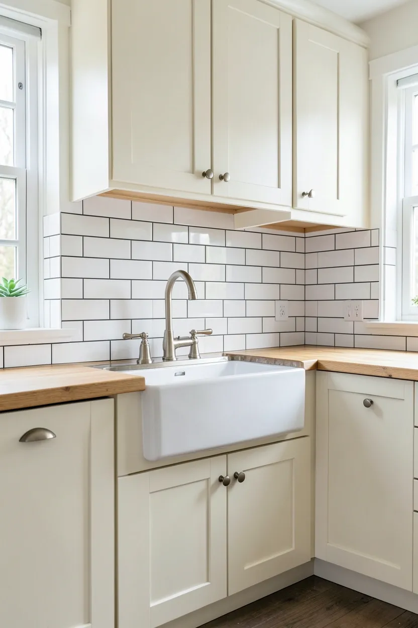 Classic white subway tile backsplash with charcoal grout lines in a farmhouse kitchen with wood countertops