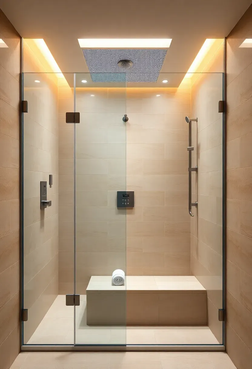 Steam shower with built-in tile bench, glass enclosure with transom, and digital steam controls