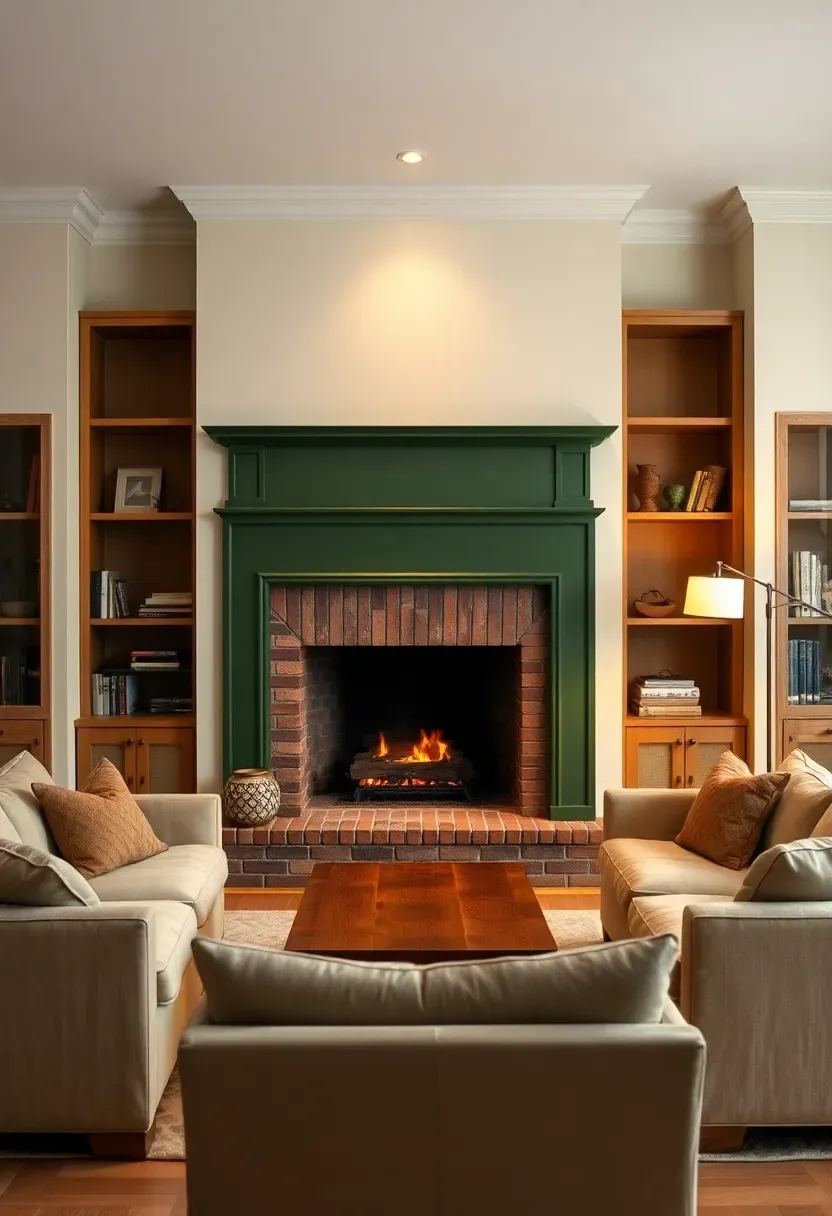 Hyper-realistic view of living room centered on fireplace with surround and mantel painted in deep hunter green, cream walls with built-in bookshelves on either side, beige sofa facing fireplace. Materials: matte hunter green paint on brick fireplace surround, cream wall color, natural oak built-in bookcases, cream linen sofa, wood coffee table. Warm ambient light from fireplace and floor lamp creating cozy shadows on green surround, visible room context showing fireplace as focal point with seating arranged around it. Sharp focus on fireplace detail, no text or logos.</p>