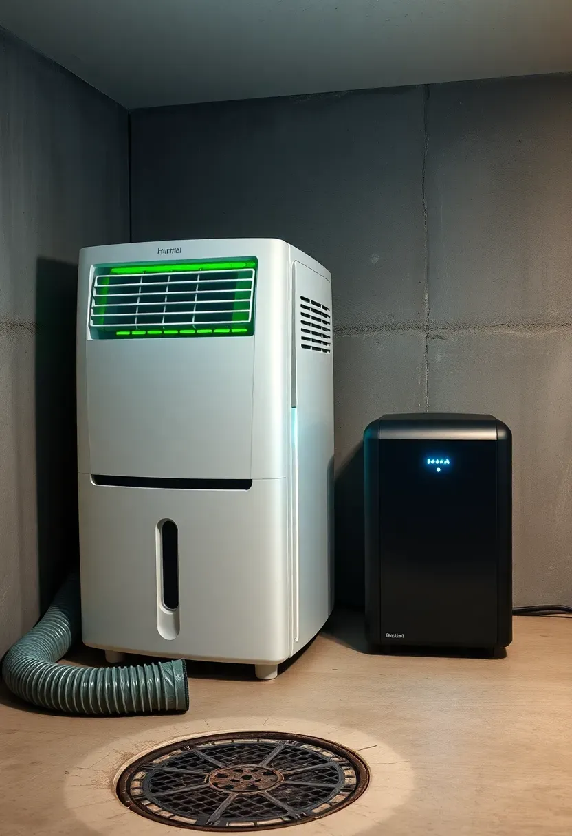 Dehumidifier and air purifier unit running in the corner of a basement gym next to rubber flooring and a concrete wall