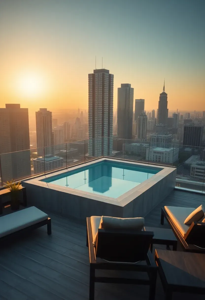 Modern rooftop deck pool with city views and sleek glass railing system