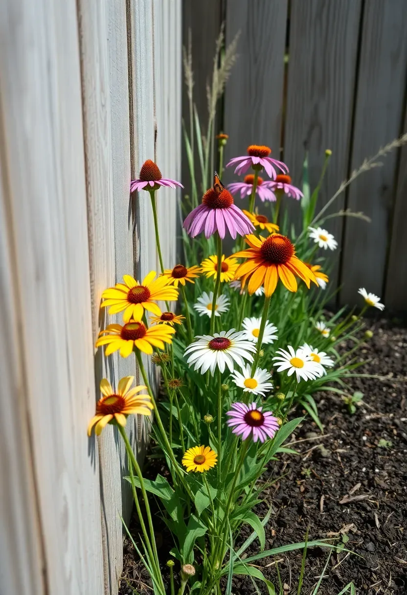 A narrow strip of wildflowers along a backyard fence line in full summer bloom with purple coneflowers, black-eyed Susans, and white daisies against weathered cedar boards