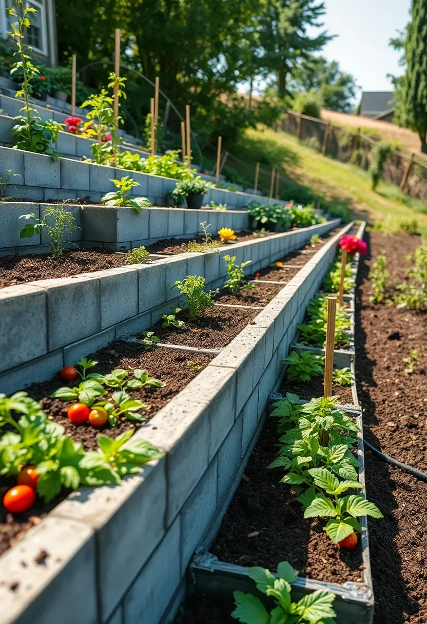 Wide multi-tier garden terrace retaining wall system with vegetable beds herbs and cut flowers on a sunny backyard hillside