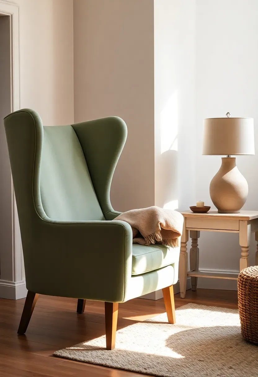 Modern wingback armchair upholstered in faded sage velvet beside a distressed side table with a reading lamp