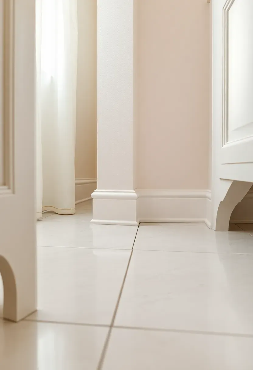 White PVC baseboard installed in a modern bathroom along a porcelain tile floor with clean caulked edges