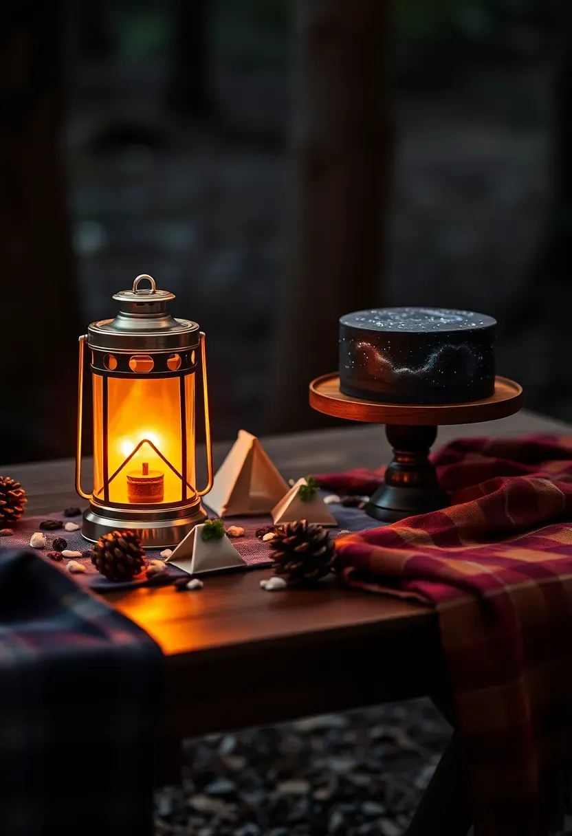 camping under the stars baby shower table with glowing lantern centrepiece, canvas tent favour boxes, and galaxy print cake