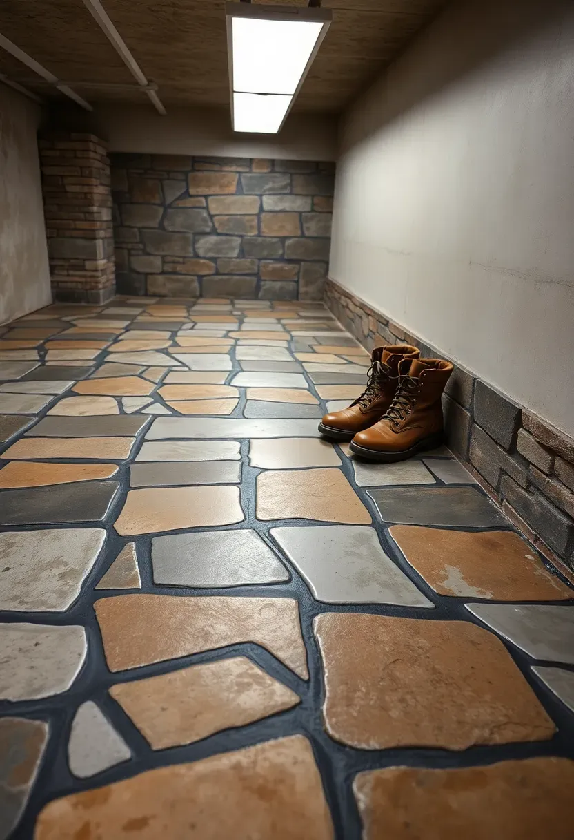 Faux flagstone painted basement floor with irregular stone shapes in gray brown and tan with dark grout lines between