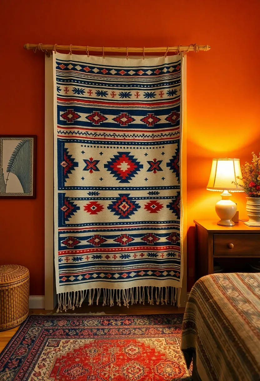Bold patterned textile tapestry hung as a closet cover in an eclectic bedroom with layered rugs
