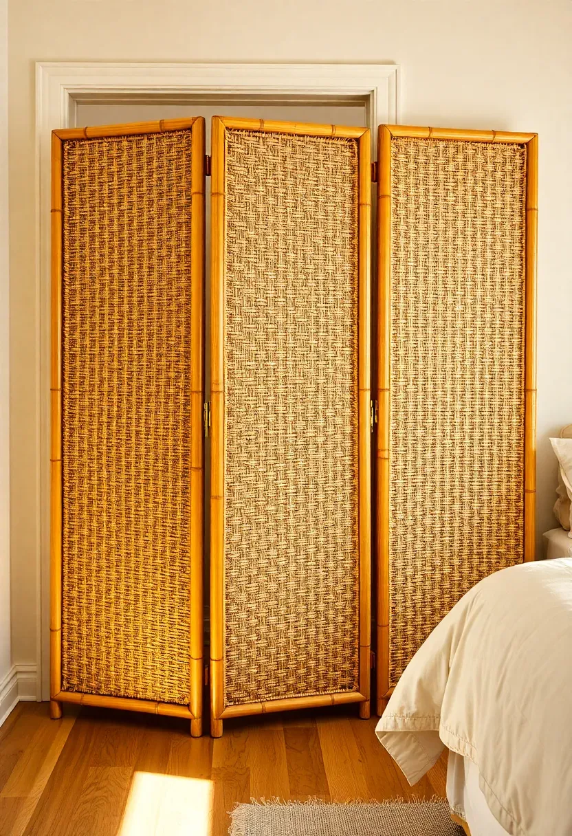 Three-panel woven rattan folding screen positioned in front of a bedroom closet with warm ambient lighting