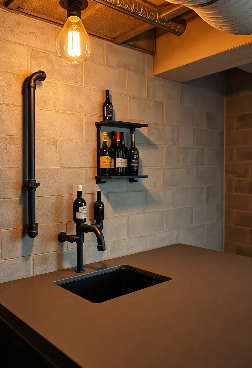 industrial style basement wet bar with concrete countertop iron pipe shelving and a matte black bar sink