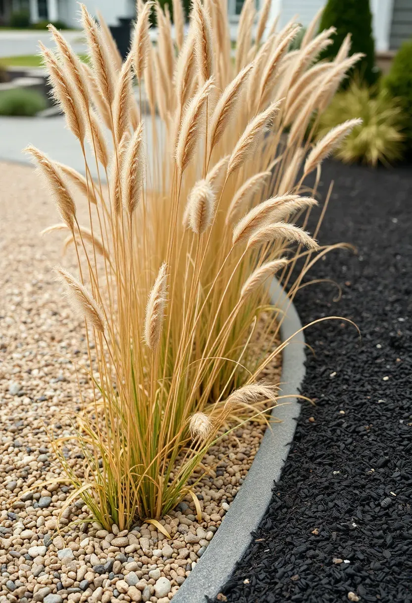 Wide gravel garden bed filled with tall ornamental grasses swaying in the breeze beside a curved pea gravel walkway