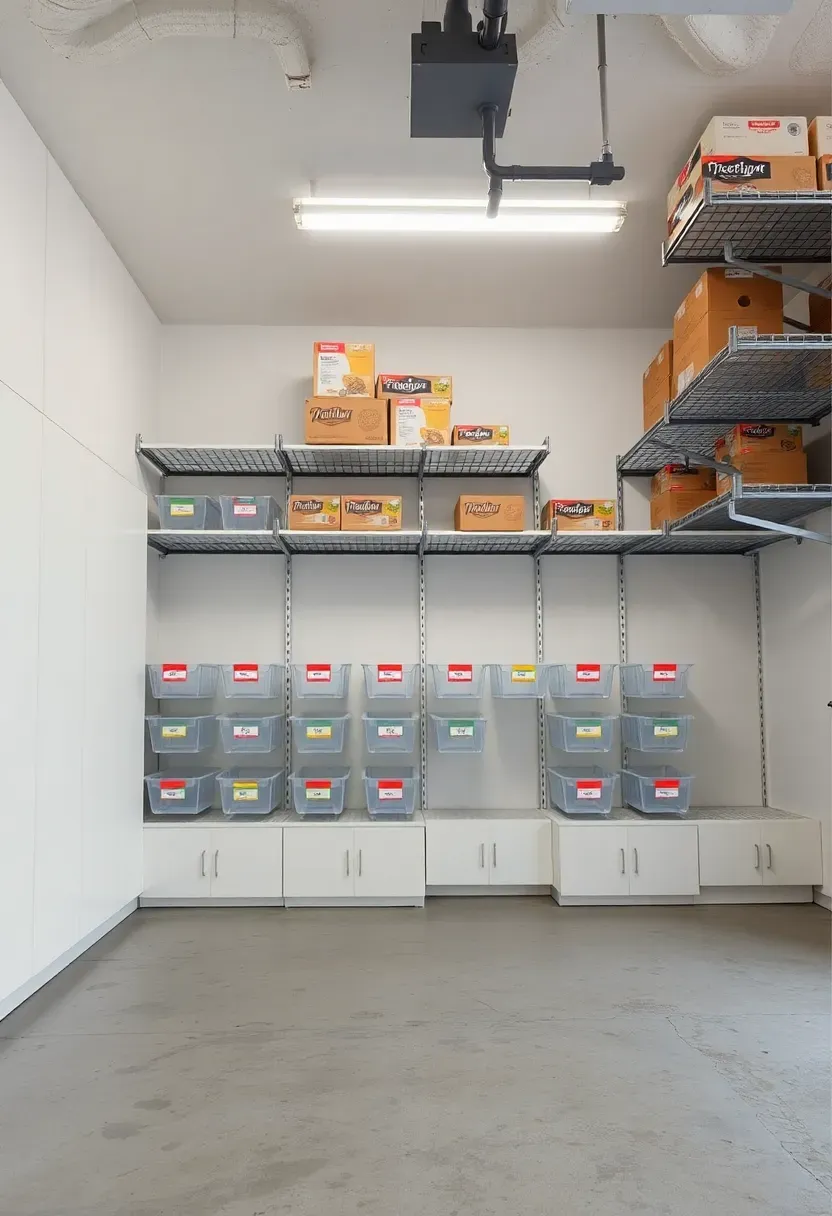 Attached garage interior with floor-to-ceiling built-in storage wall, labeled bins, and overhead ceiling racks