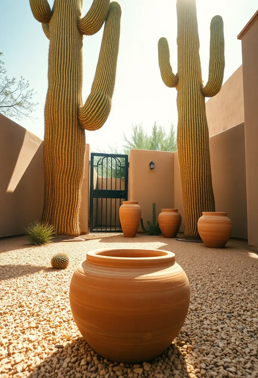 Gravel courtyard with towering saguaro cacti, a wrought iron gate, clay pots, and decomposed granite pathways in warm desert sunlight