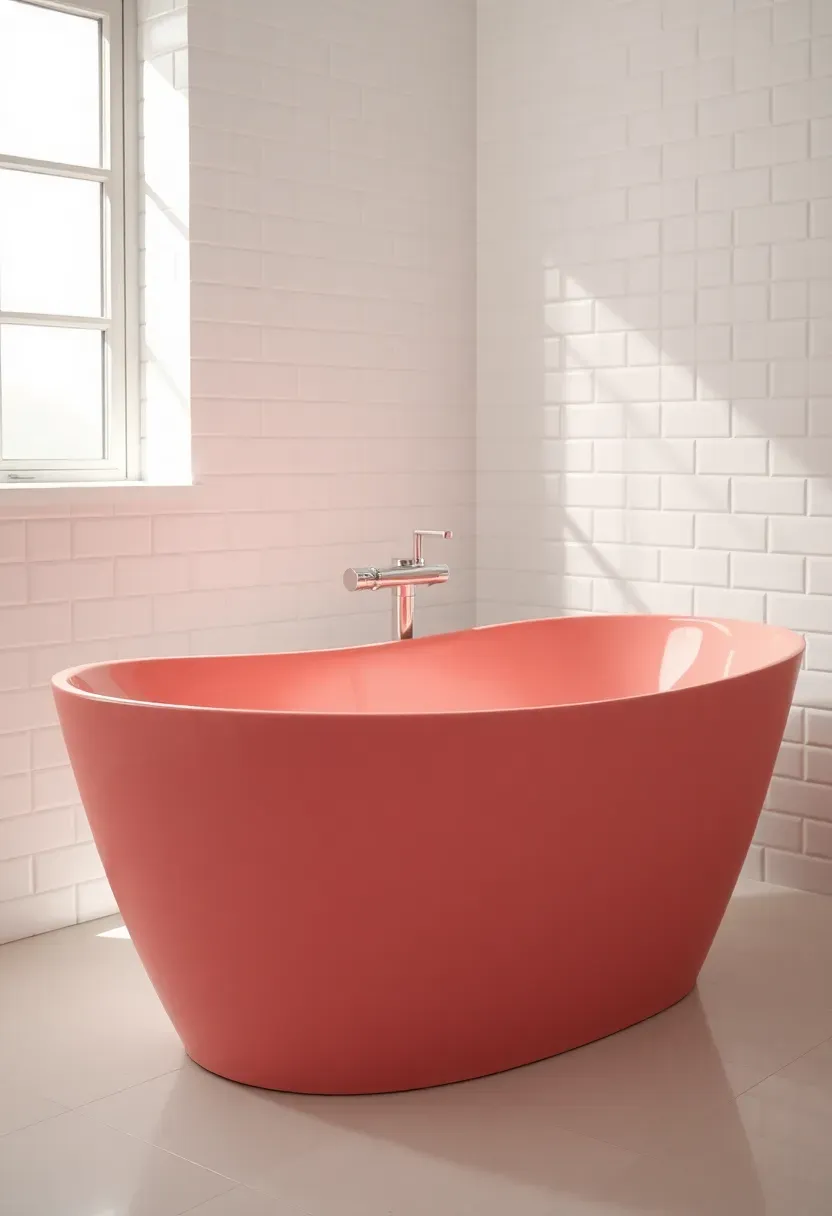 Freestanding oval bathtub in glossy coral pink with smooth curved exterior in a bright Toca Boca inspired bathroom