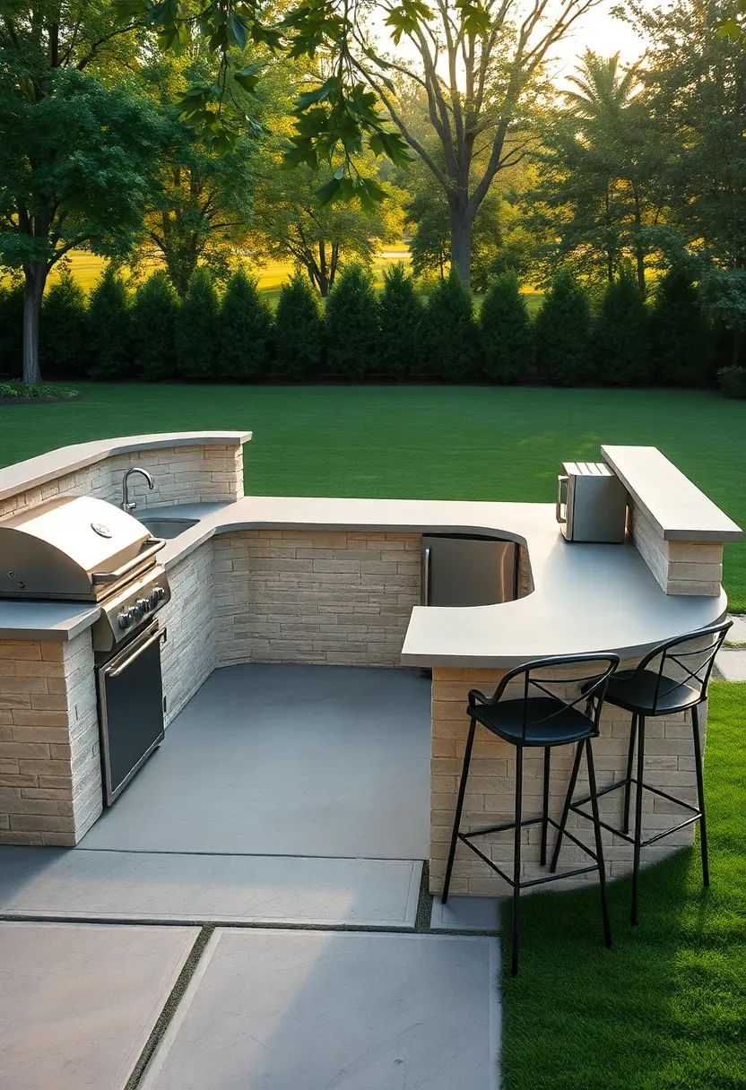 U-shaped outdoor kitchen with stone countertops, built-in gas grill, sink, mini fridge, and bar seating facing a manicured lawn