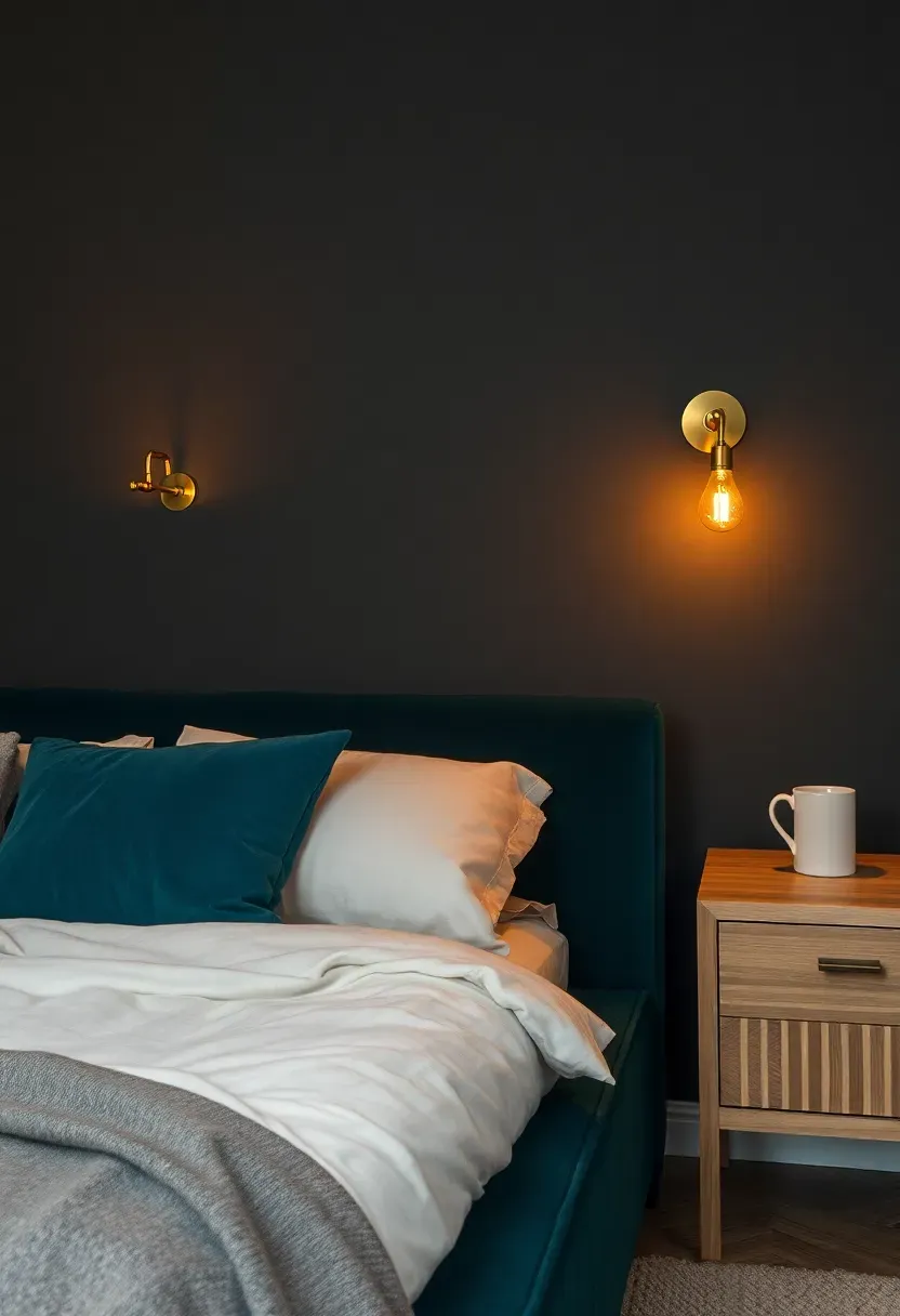 Basement bedroom with deep charcoal walls, warm amber lighting, and a velvet upholstered bed frame