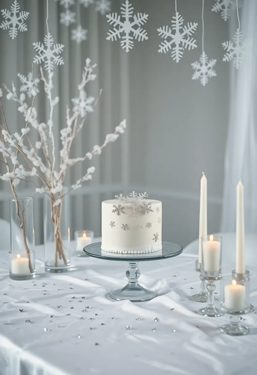 winter snowflake baby shower with silver and white decor paper snowflake garlands frosted branches in vases white cake with snowflake details and candle accents