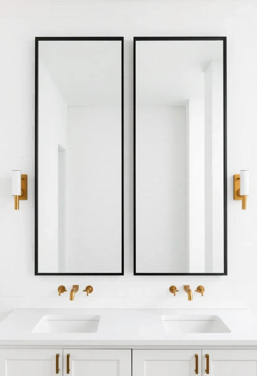 Two matching tall rectangular mirrors with thin black frames mounted symmetrically above a long double vanity with two brass faucets and two sconces