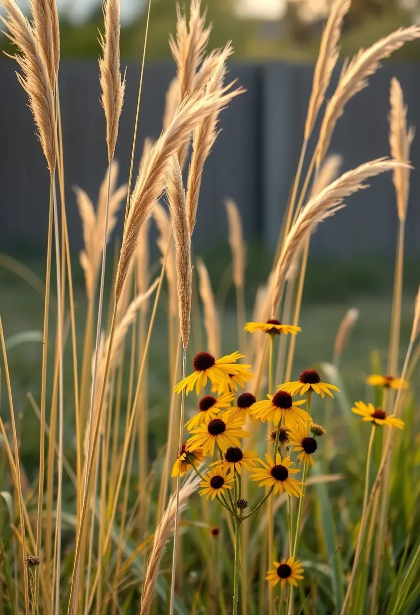 Native Texas prairie grass meadow in a backyard with big bluestem, Indiangrass, and black-eyed Susans swaying in wind