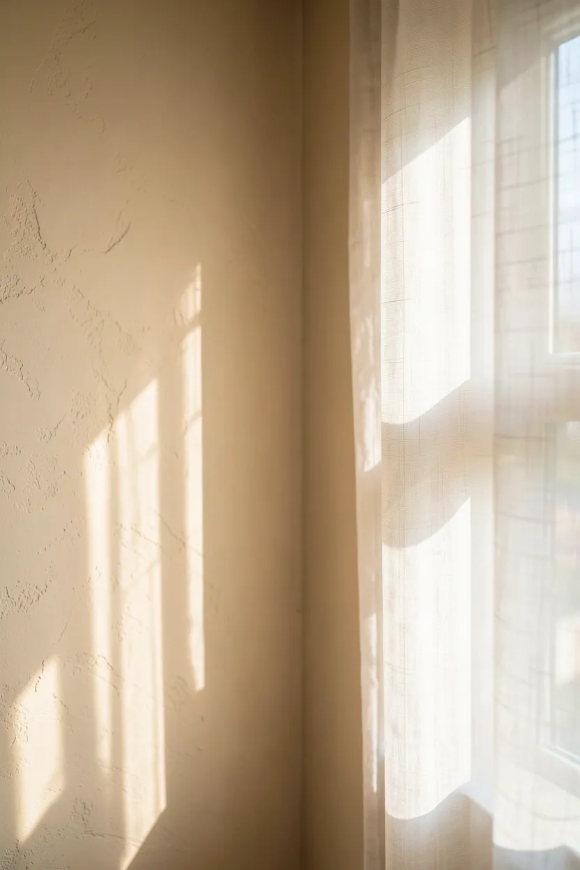 Warm beige living room walls with sheer linen curtains filtering natural light — cozy Nordic rental apartment