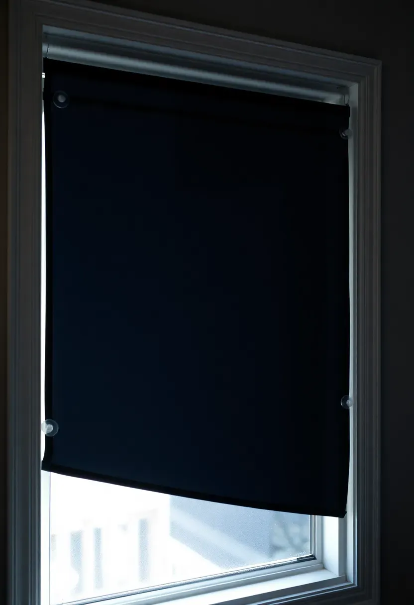 portable blackout window covers attached with suction cups to a nursery window blocking bright daylight