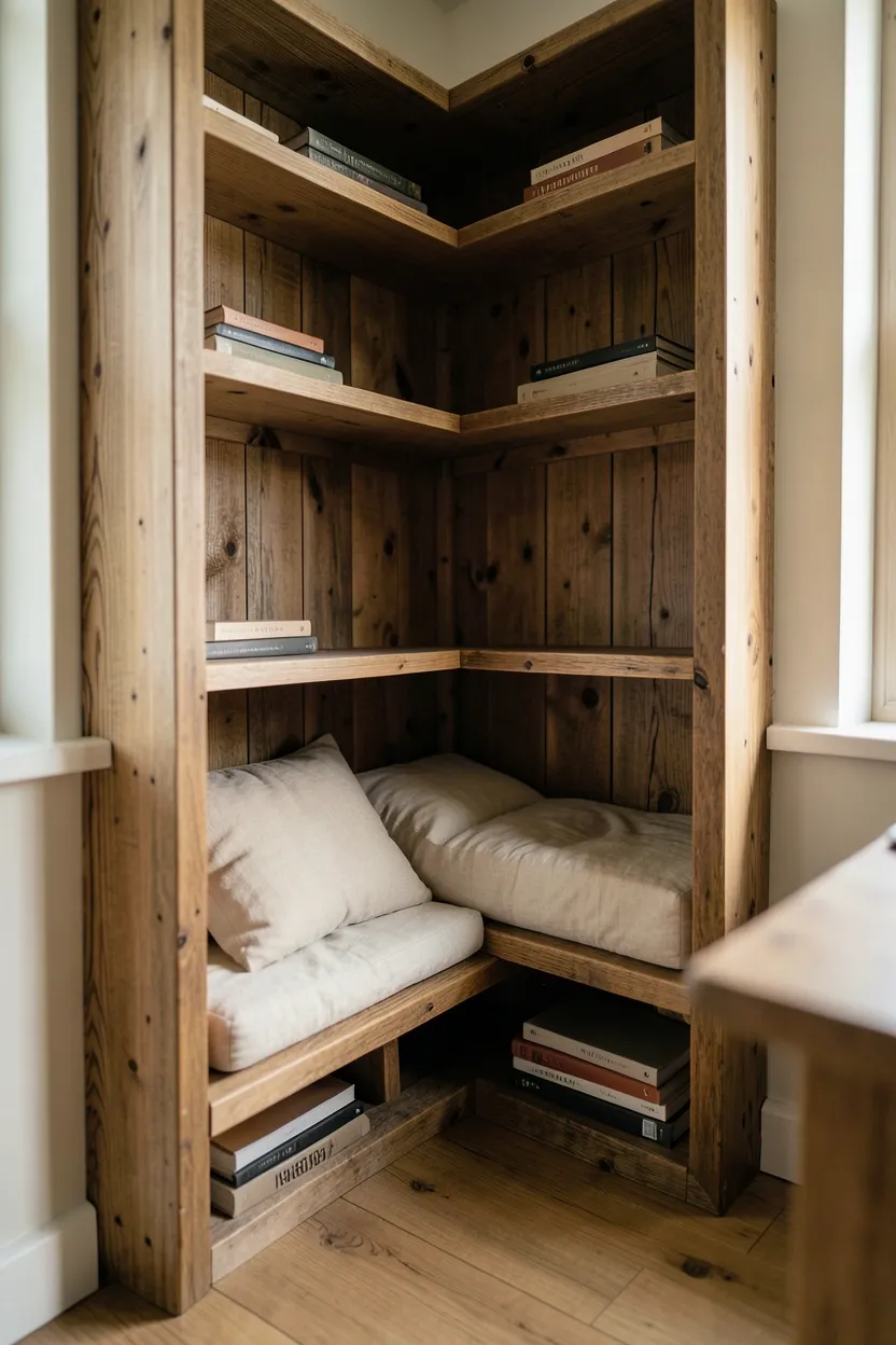 Corner Sleeping Nook with Wrap-Around Shelves