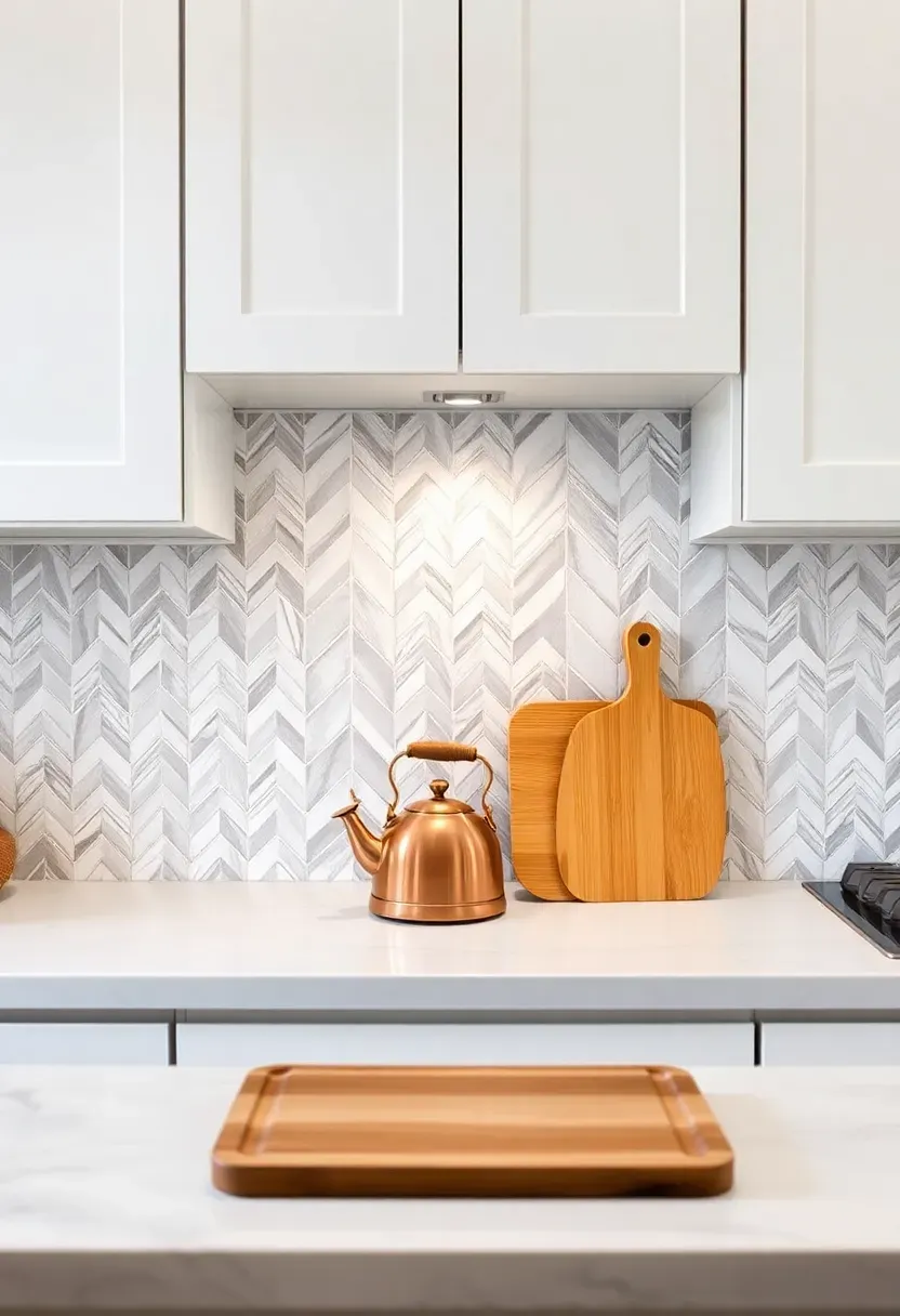 Kitchen with a peel-and-stick marble herringbone backsplash installed between upper cabinets and countertop, with a copper kettle and wooden cutting board in front