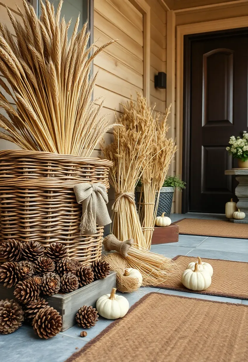 Hyper-realistic wide shot of a front porch focused on natural texture layering. A large woven basket contains dried wheat and millet stalks, tied with rough burlap ribbon. Pinecones spill from a wooden crate on the porch floor. Corn husk bundles lean against the wall. Small gourds in cream and pale green sit on a stone table. Porch has natural wood siding and a dark wood front door. Soft diffused daylight emphasizes texture details. Visible woven welcome mat in natural jute. No text, no logos, no watermarks.</p>