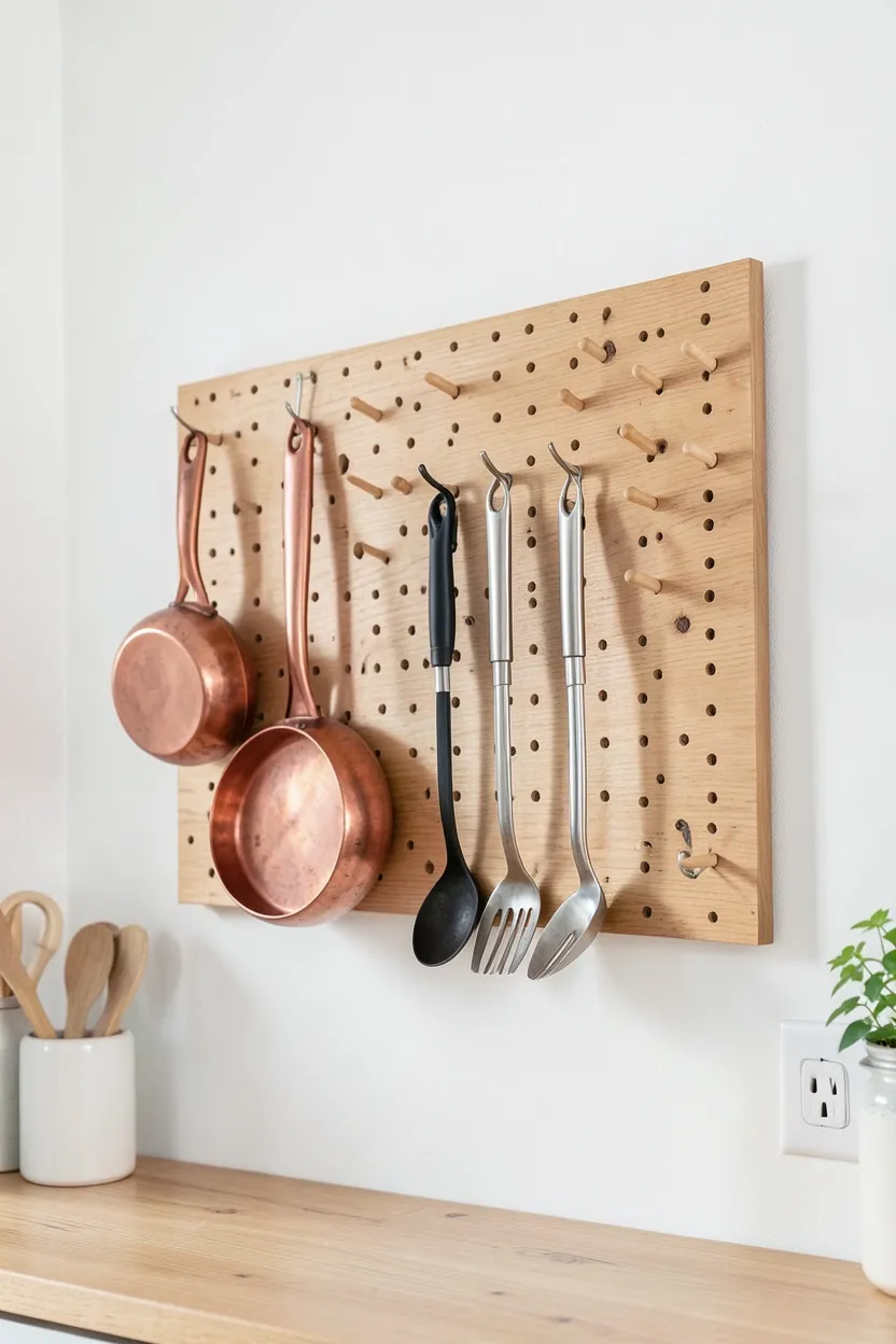 Wooden Pegboard Organization in Scandinavian Kitchen