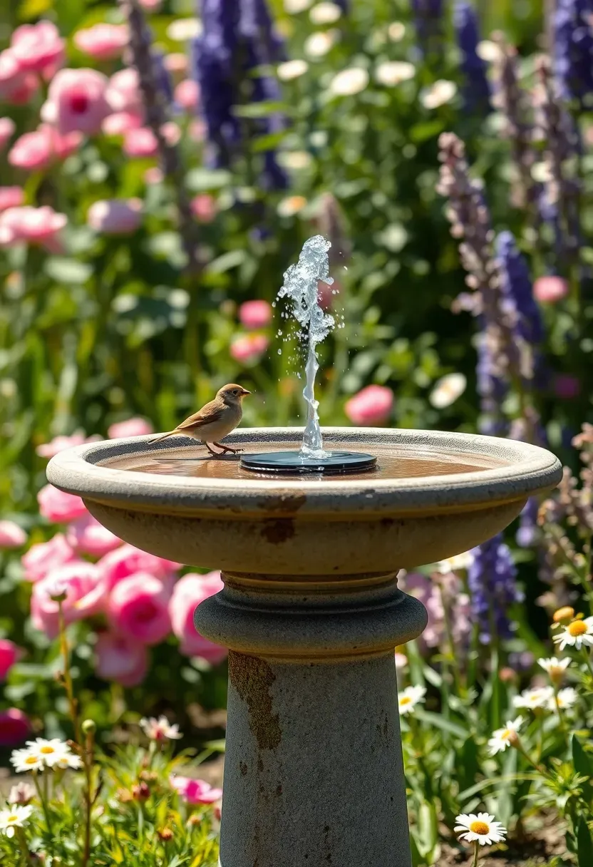 A solar-powered birdbath fountain with a small spray in the center attracting birds in a sunny cottage garden