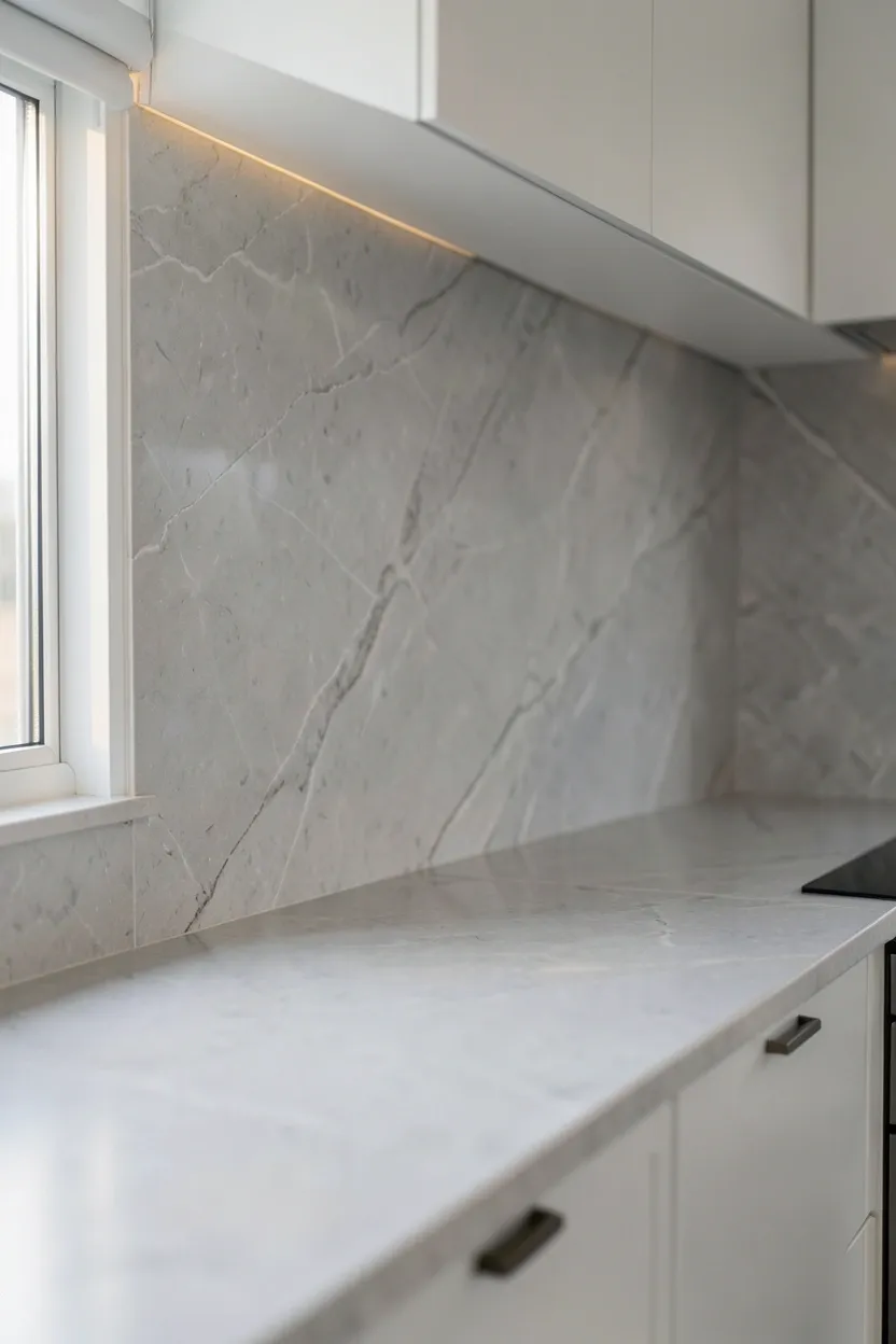 Light gray quartz countertop extending seamlessly up the backsplash in a modern Scandinavian kitchen — continuous surface with no visual breaks