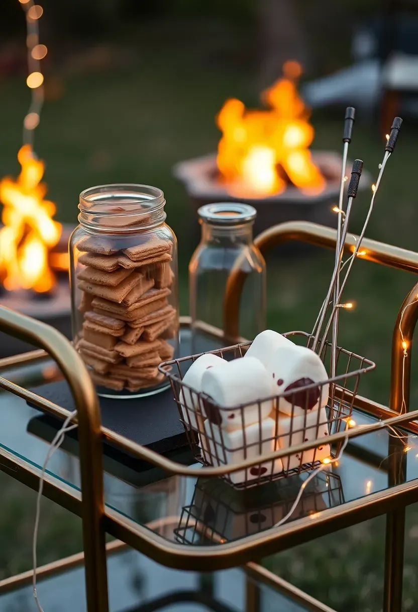 S'mores dessert cart at a backyard engagement party with stacked graham crackers, chocolate bars, marshmallows, and roasting sticks beside a small fire, with fairy lights above