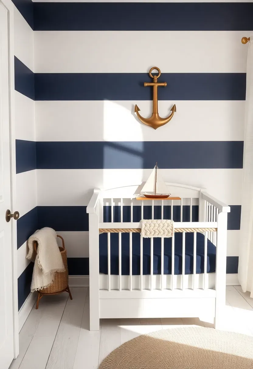 nautical boy nursery with navy striped walls anchor motifs rope shelving and white crib