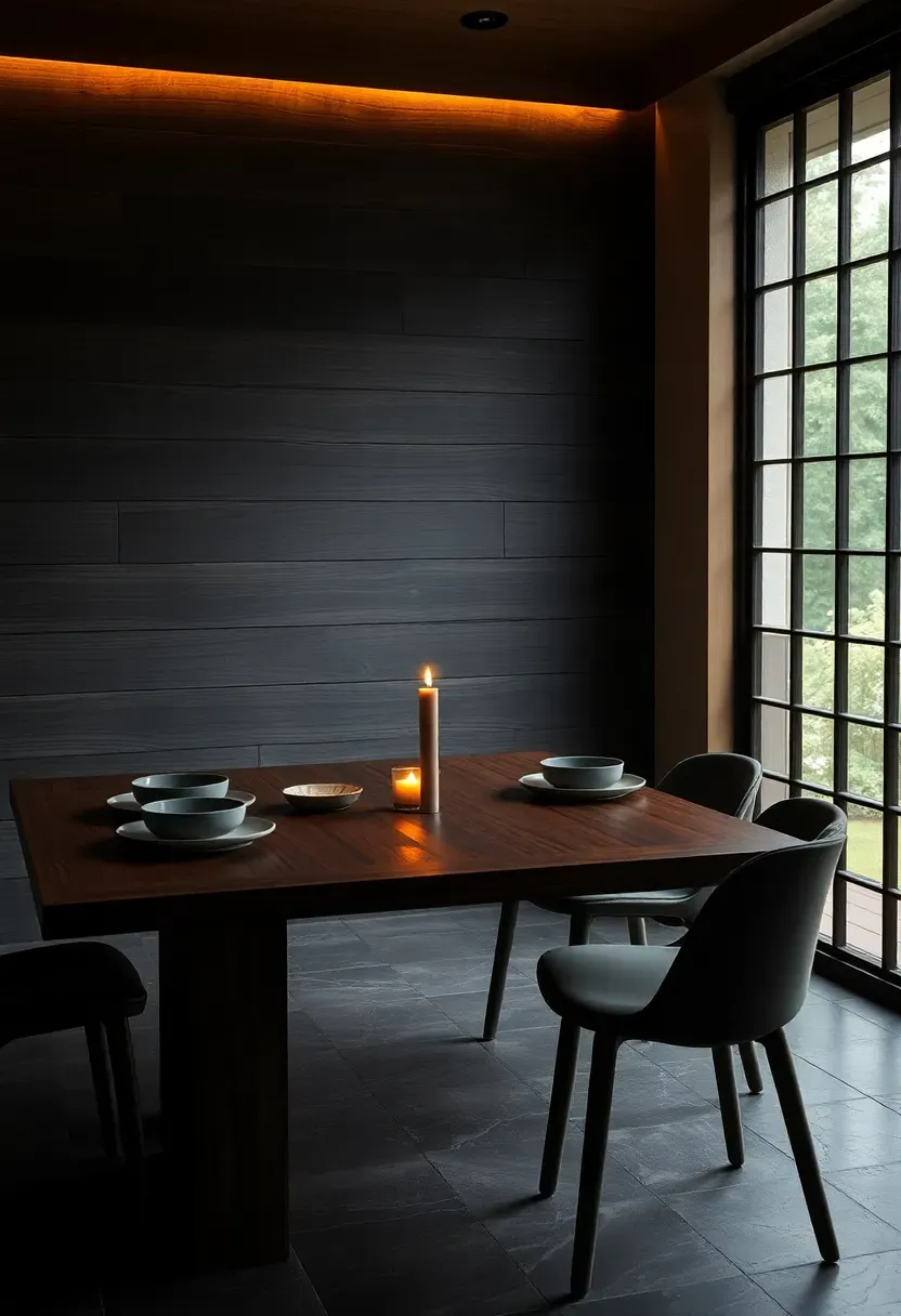 Japanese-inspired dining room with a charred wood shou sugi ban accent wall in deep black with natural wood grain texture and warm lighting