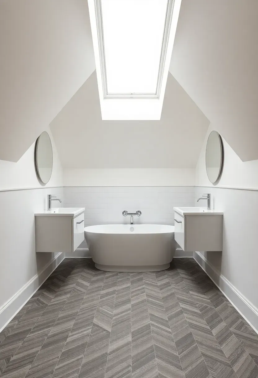 Attic family bathroom with two compact wall-mounted vanities on opposite knee walls, central skylight above the bathtub, and gray herringbone tile floor