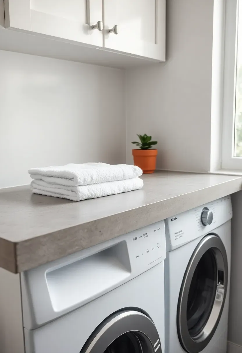 Polished concrete countertop mounted above a stacked washer dryer with folded towels and a small potted plant
