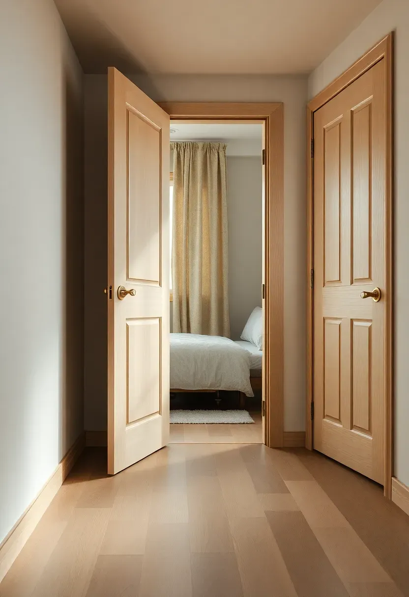 Hyper-realistic 3/4 view of a tiny house with pocket door open revealing bedroom beyond, curtain partially drawn across another opening. Materials: white oak floor, matte white walls, linen curtain panel, white oak door. Warm diffused window light, creamy neutrals with soft fabric texture. Mood: flexible, private, calm. Shallow depth of field, sharp details, balanced composition, soft shadows, visible room context. No text, no logos, no watermarks.</p>