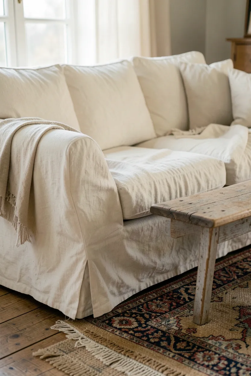 Neutral linen slipcovered sofa paired with a distressed wood coffee table in a farmhouse living room