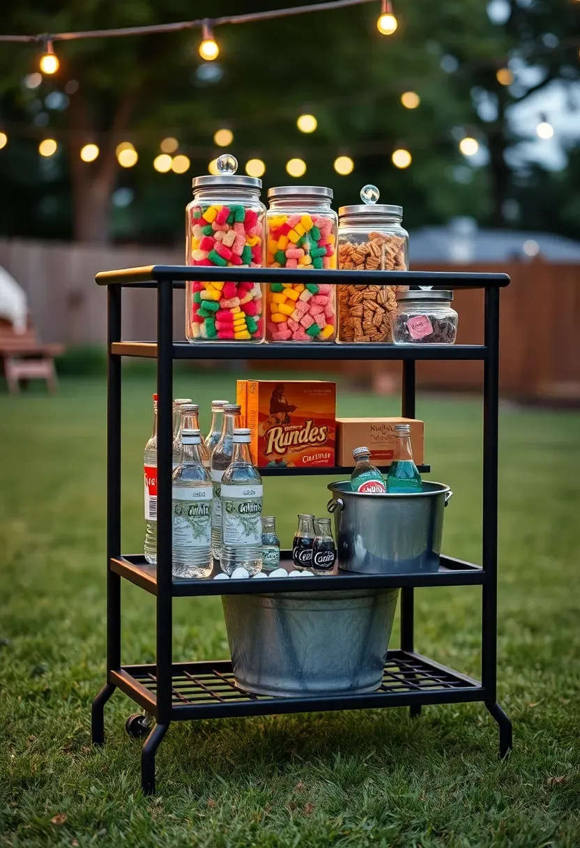 A rolling bar cart styled as a candy station with glass jars of colorful candy, boxed movie theater snacks, and bottled drinks in a backyard at night