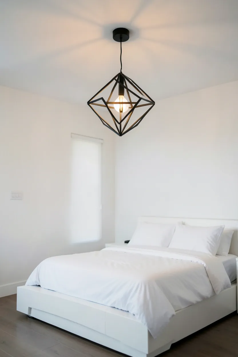 Matte black pendant ceiling light fixture against white bedroom walls and ceiling providing dramatic overhead illumination