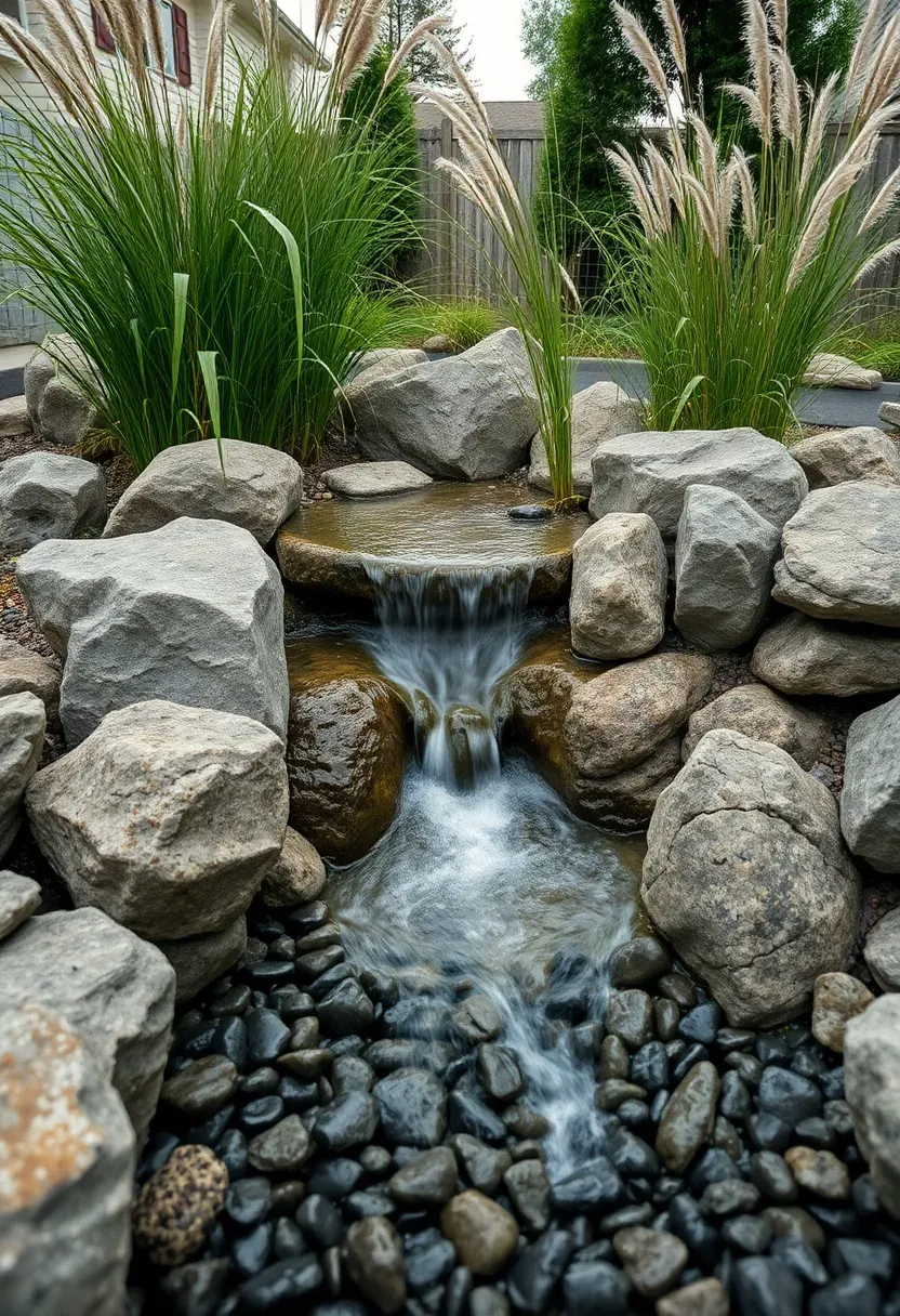 Pondless waterfall disappearing into a rock-covered underground basin surrounded by ornamental grasses
