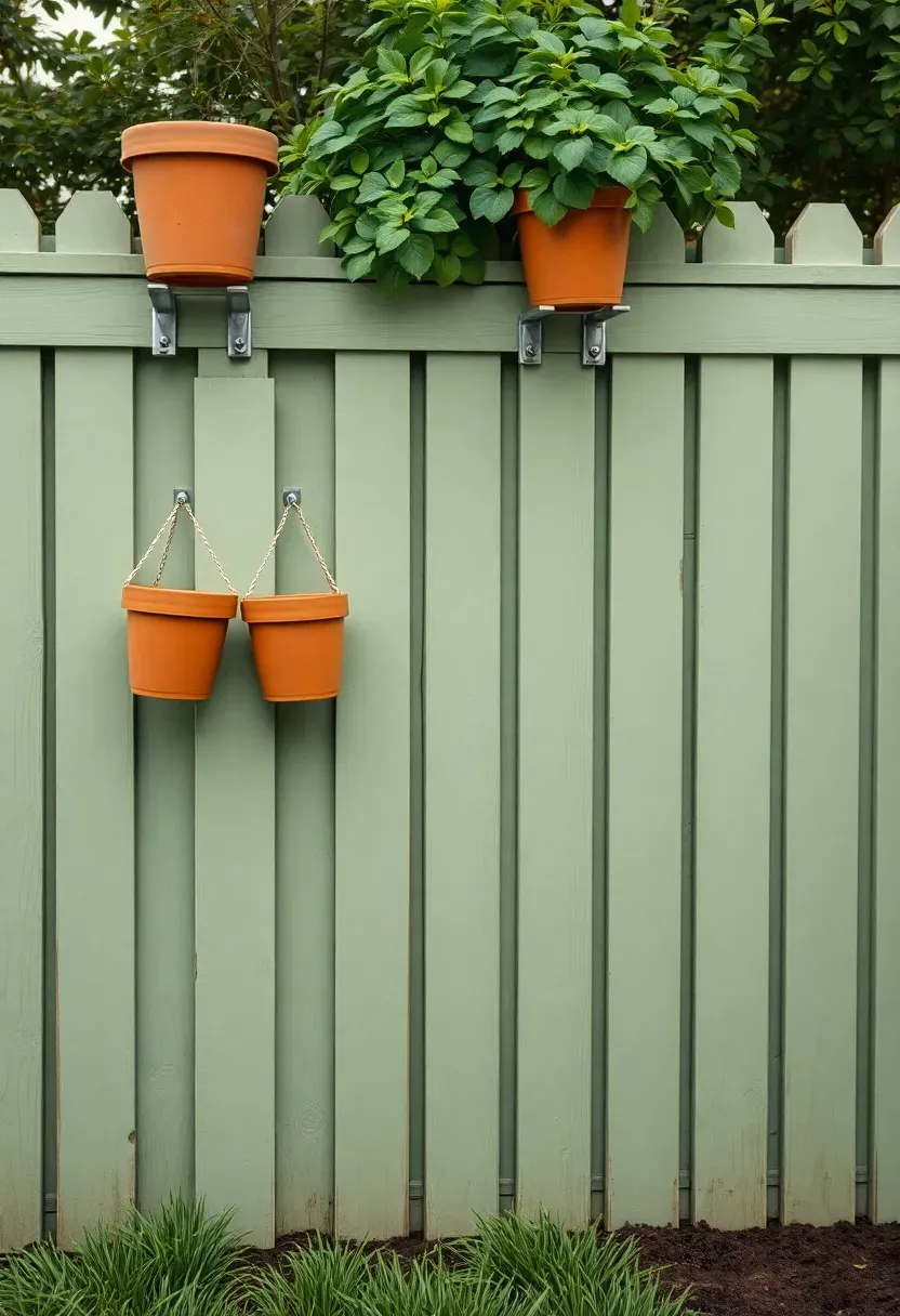 Wooden privacy fence panels painted in a soft sage green color with terracotta pots hanging along the top rail