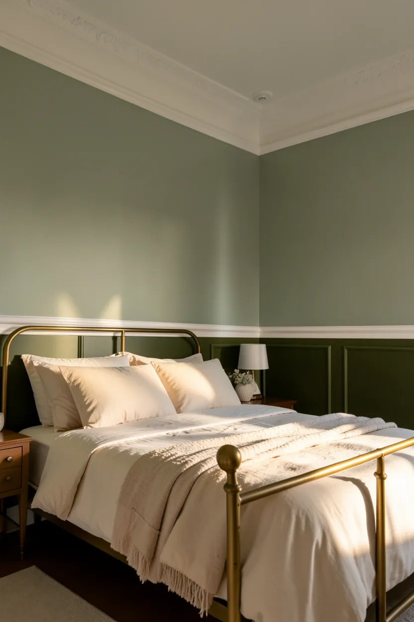 White bedroom walls with rich olive green duvet, sage throw pillows, and natural wood nightstand — renter-friendly bedroom color idea