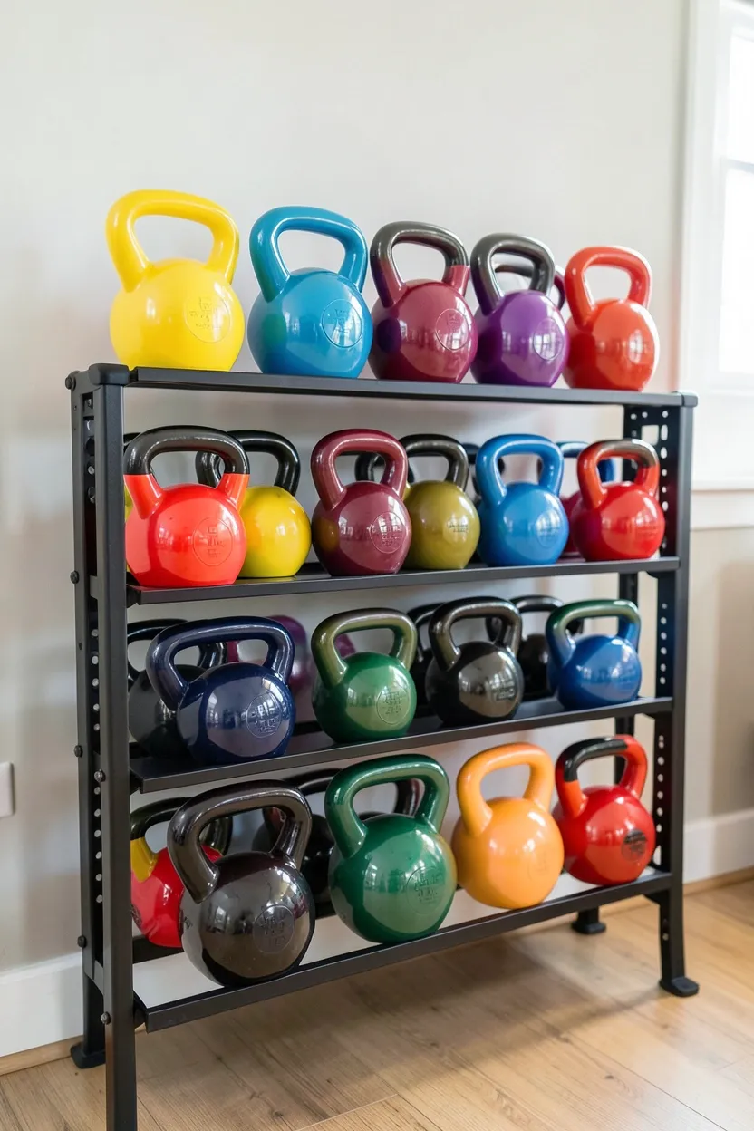 Powder-coated cast iron kettlebell set in navy and black on a low rack in a compact apartment gym — functional strength training equipment for small spaces