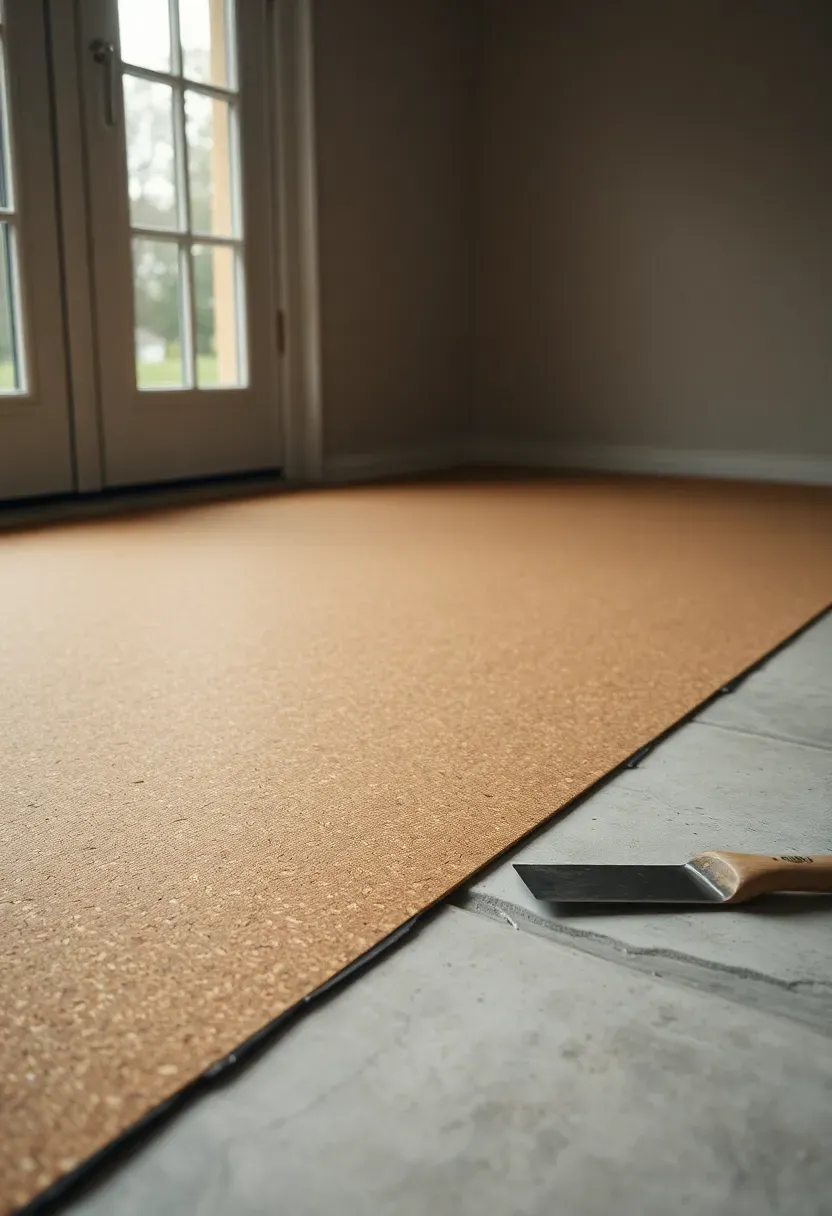 Cork underlayment installation beneath large format porcelain tiles in a sunroom renovation, thermal and acoustic insulation