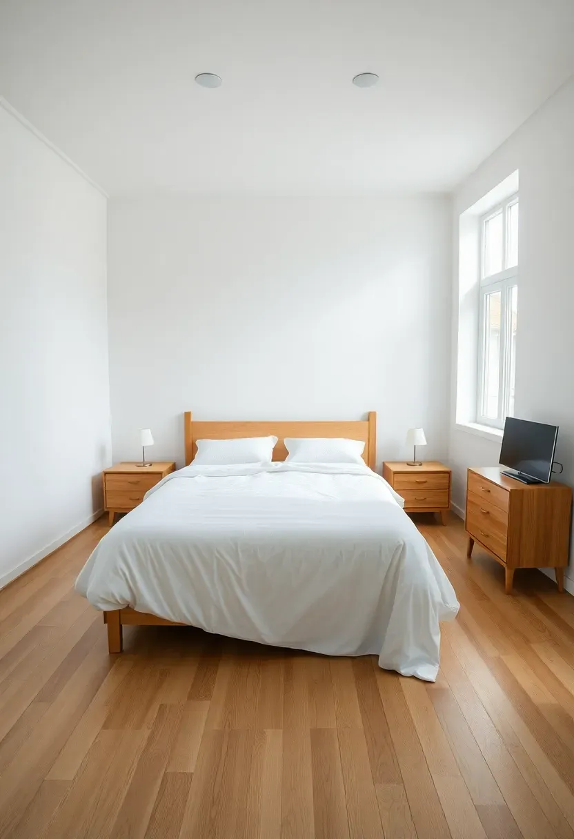 Hyper-realistic view of minimalist bedroom focused solely on sleep — white bed with linens as centerpiece, two small nightstands, no desk, no television, no exercise equipment, white walls, light oak floor, large window with soft light. Materials: white painted walls, white bedding, oak furniture. Serene single-purpose mood, rest-focused space, shallow depth of field, no text, no logos.</p>