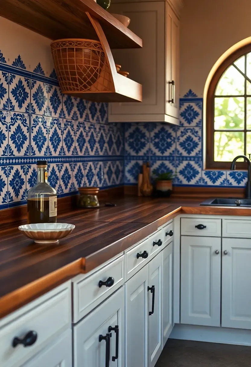 blue and white patterned ceramic tile backsplash in a Mediterranean-style kitchen with wood countertops