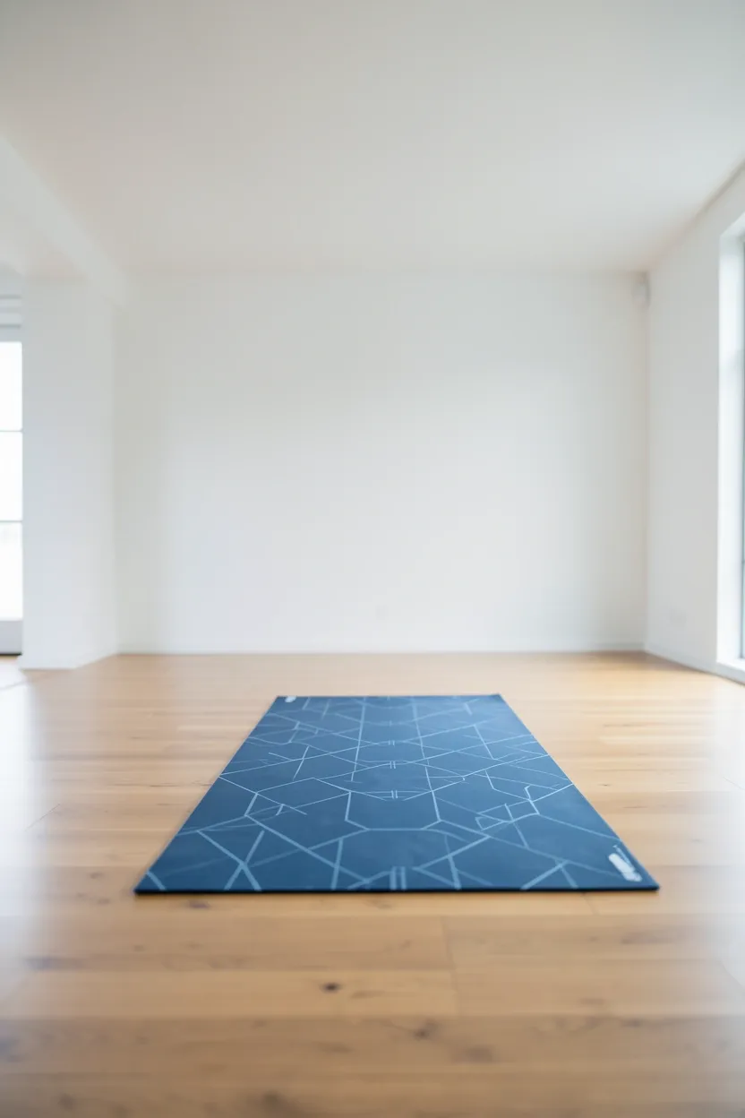 Open center floor space in a small apartment gym with equipment arranged along the perimeter — unobstructed movement area for bodyweight exercises and yoga flows