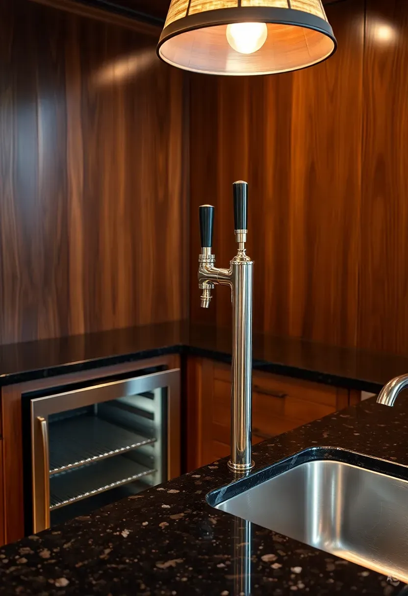 basement wet bar with a built-in kegerator cabinet beside the sink with stainless tap tower mounted on the countertop